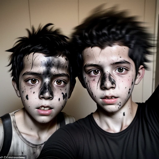 Selfie of two boys covered in soot and with their hair standing on end after being caught in an explosion