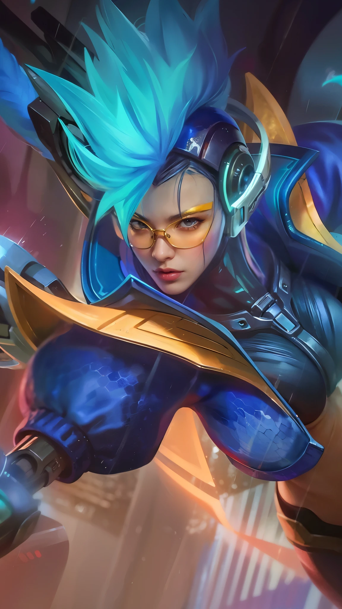 a close up of a person with a blue hair and a helmet with glasses, extremely detailed artgerm, artgerm detailed, artgerm lau, graphic artist artgerm, qiyana, senna from league of legends, artgerm. high detail, kda, style artgerm, artgerm jsc, trending artgerm, artgerm style, 8k, ultra hd, ultra detailed texture, hyper realistic, masterpiece, detailed texture, detailed face, detailed skin, detailed lighting, (photorealistic:1.5), best quality, beautiful lighting, cinematic lighting, professional lighting, ultra highres, realistic, detailed hair, real hair, high quality, (realskin:1.5), extremely detailed, finely detail, ultra-detailed