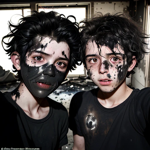 Selfie of two boys covered in soot and with their hair standing on end after being caught in an explosion