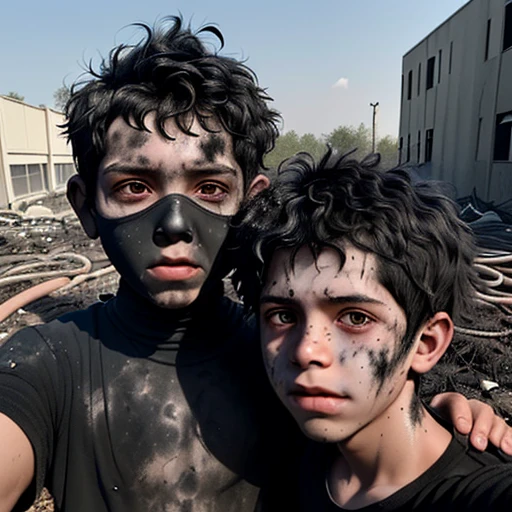 Two boys taking a selfie, covered in soot and in tatters after a rocket launcher explosion