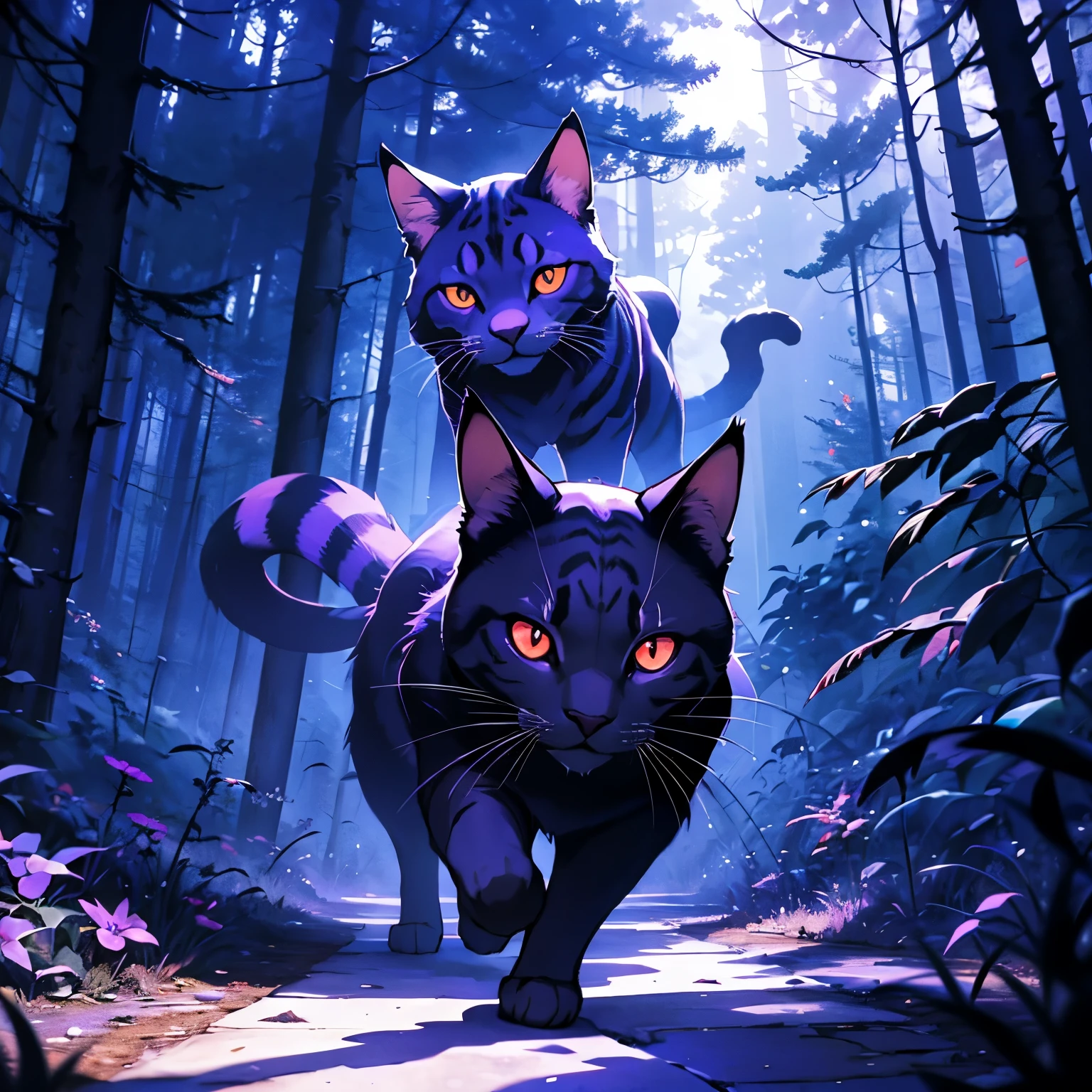 Purple cat, black stripes, a scary smile, red eyes, flying in a dark forest, bluish particles around the cat, dim light, place with lots of shadows.