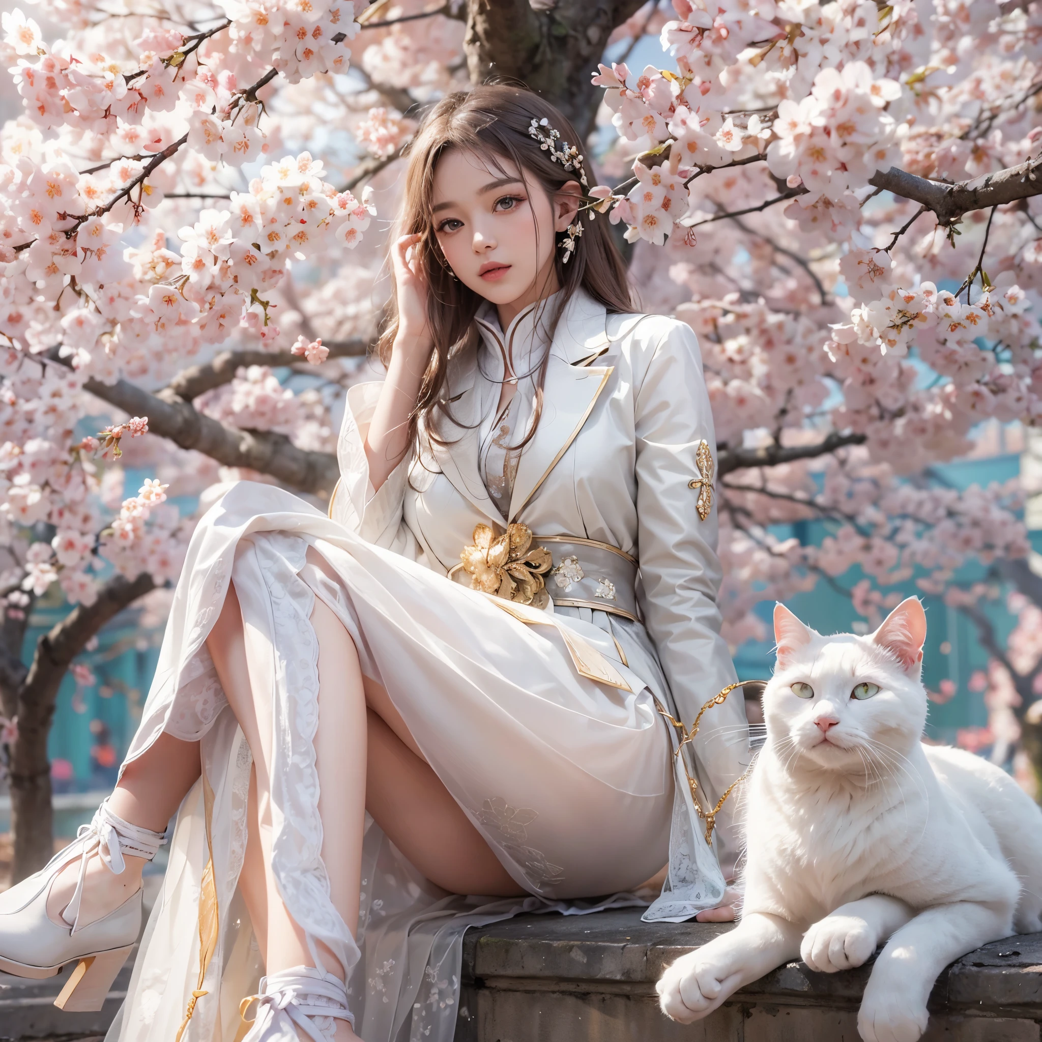 (highest quality like a photograph),(A beautiful woman is sitting with a white cat beside her),(very detailed White cat),High quality,8k,(high-quality like a photograph),masterpiece:1.3,(a beautiful girl), (very elegant and futuristic fashion),Gentle smile,(a stylish park),(urban landscape),((There are five fingers on each hand)),pedestrians are visible,There is one large cherry blossom tree