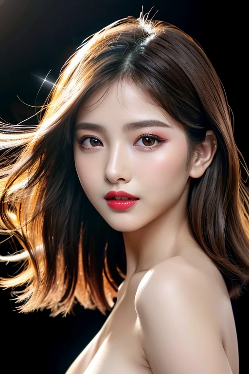(highest quality、8K、best image quality、Award-winning work)、(one young girl, 14 years old:1.3)、(red eyeshadow:1.2)、perfect makeup、long eyelashes、Super high-definition sparkling eyes、ultra high definition hair、ultra high resolution glossy lips、Super high resolution perfect teeth、Super high resolution cute face、brown hair、(very long straight hair:1.1)、look at me and smile、[clavicle]、accurate anatomy、(black background:1.5)、(((professional lighting:1.5)))、Super high-resolution glossy and moisturized face、Super high resolution glowing skin、most detailed face、Ultra high resolution detailed faces、ultra high resolution hair、Super high resolution sparkling eyes、Beautiful face drawn in every detail、Super high resolution glossy red lips、(((Naked 1.5)))、(((Elegant dress 1.5)))、(((Full body photo 1.2)))、hair blowing in the wind、black background、