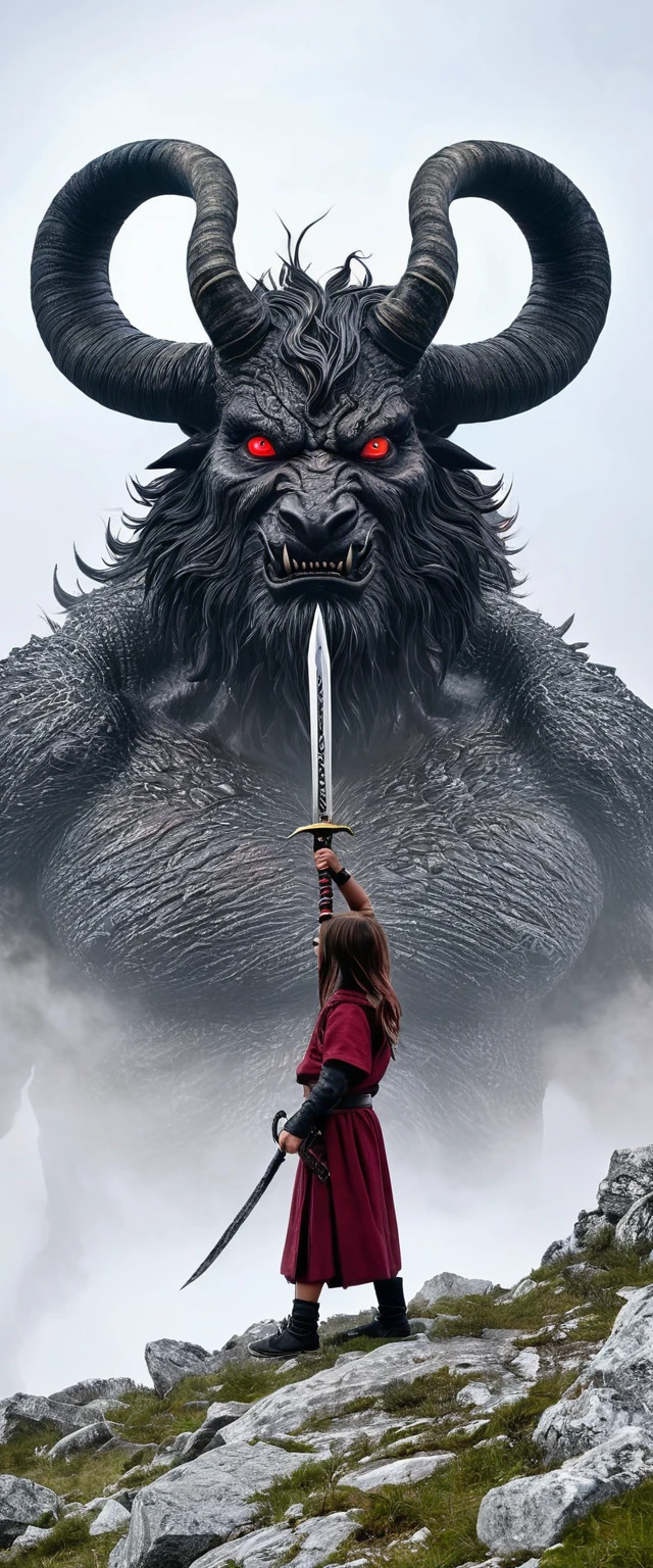 I draw a picture of a giant monster with large horns and wearing a black diamond necklace with the devil’s emblem on it. He fights with a man whose left hand is cut off and his right hand is extended forward. He carries a Damascus sword with it, and a very beautiful seven-year-old girl is hiding behind him. The battle takes place in the Alps and the color of the sky is burgundy and there is light fog over it. On the ground and on the top of the mountain there is a huge red eye, and its being watches the world and spins the dramatic saga between good and evil 
