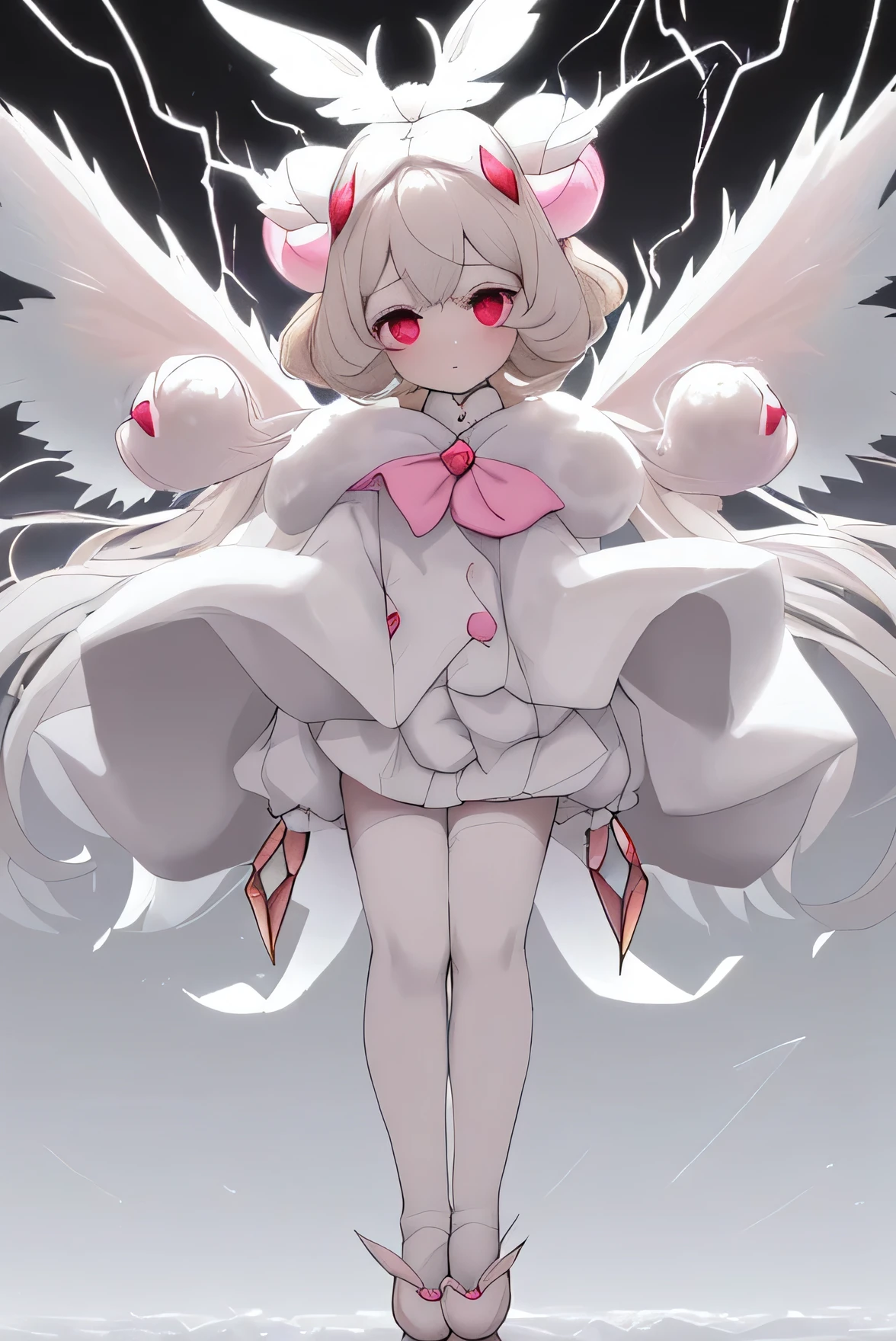 with silk and fluffy white clothes and pink tones and white slippers with silk balls with golden frosts. with wings and ears like those of a poodle moth, black eyes and gray tones, while they fly and lightning falls accompanied by moths. atmosphere: a windy day and some lightning and blizzards