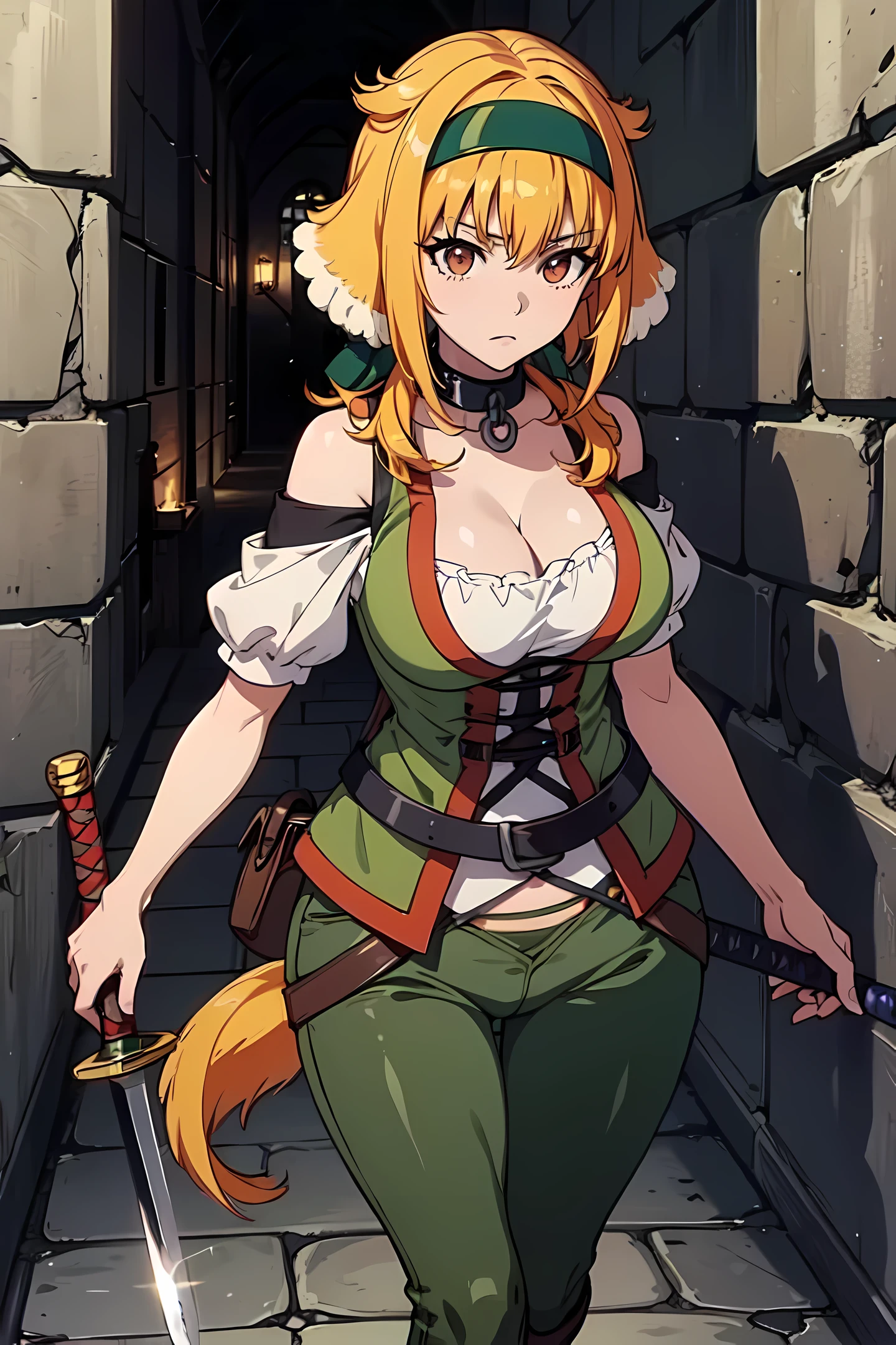 masterpiece, best quality, roxanne, dog ears, black hairband, [[[green hairband]]], collar, off-shoulder shirt, cleavage, green vest, green pants, large breasts, holding sword, ((sword)), walking, looking back, dog tail above butt, [[[focused]]], [[glaring]], holding weapon, hand on hilt, (((dirt))), (((((dungeon))))), ((maze)), (((medieval))), ((dark)), ((night)), glowing, orbs