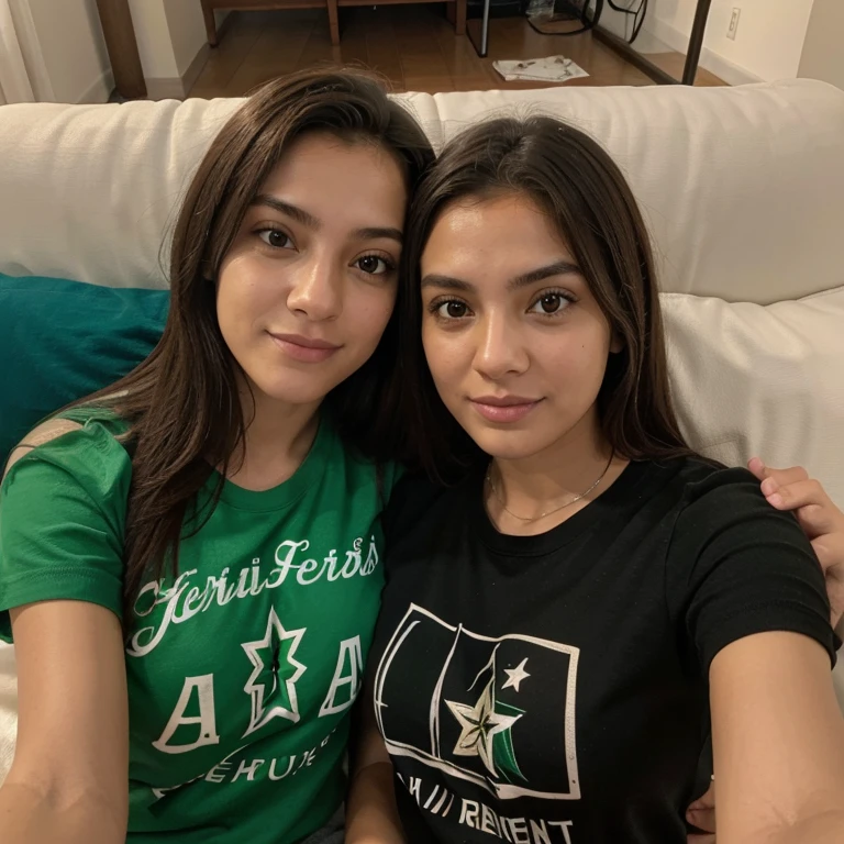 Selfie perto com uma amiga, sentadas no sofa, bebendo cerveja Heineken, usando camisetas sem estampas e calcas.