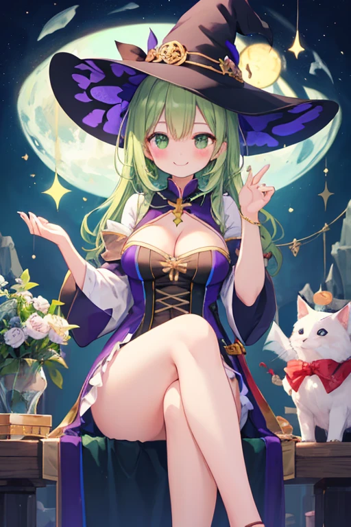 beautiful illustrations, highest quality, pretty girl,beautiful girl、clear face、 half girl、pastel colour 、smile、blush、にこやかなsmile、thighs、perfect hands、five fingers、witch、magic、fantasy、big breasts、sitting、cross your legs、cleavage、fantasy、green hair