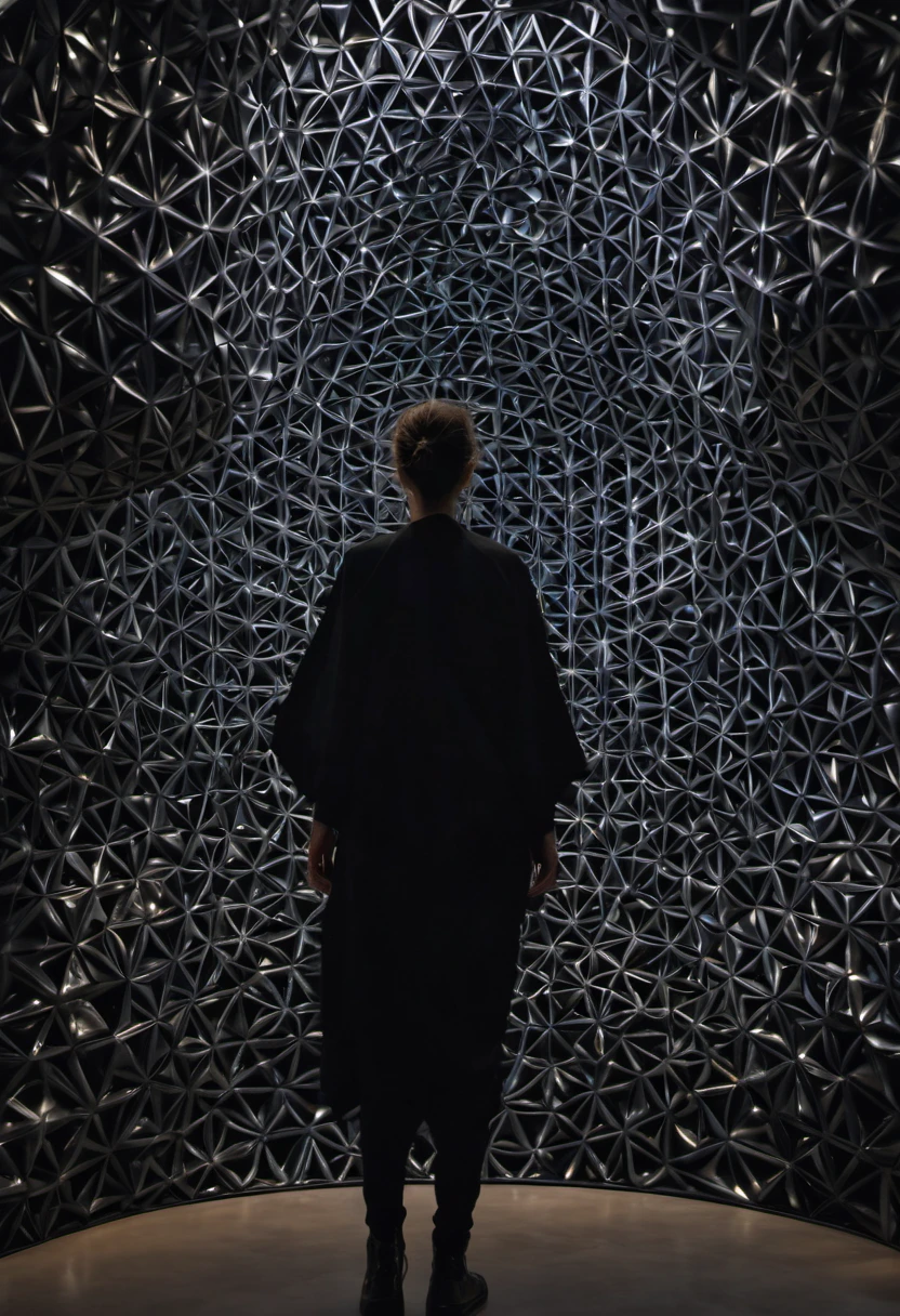 minimalist, closeup, interior, sacred geometric installation, , Neri Oxman, strange anomalies, abstract,  geometric architecture, , inflated biomimicry,, glowing, black museum interior, charcoal clothing blurry person walking, organic slime,  realistic face, award winning perspective, raw snapshot, close up,  rim lights, dirty lens, bio studies, clear details, texture high quality, full black Sacred GEOMETRIC  background, full SACRED GEOMETRIC black museum installation,, no window, fujifilm provia 400x, massurrealism, luminous shadows, renaissance-inspired chiaroscuro, HDRI