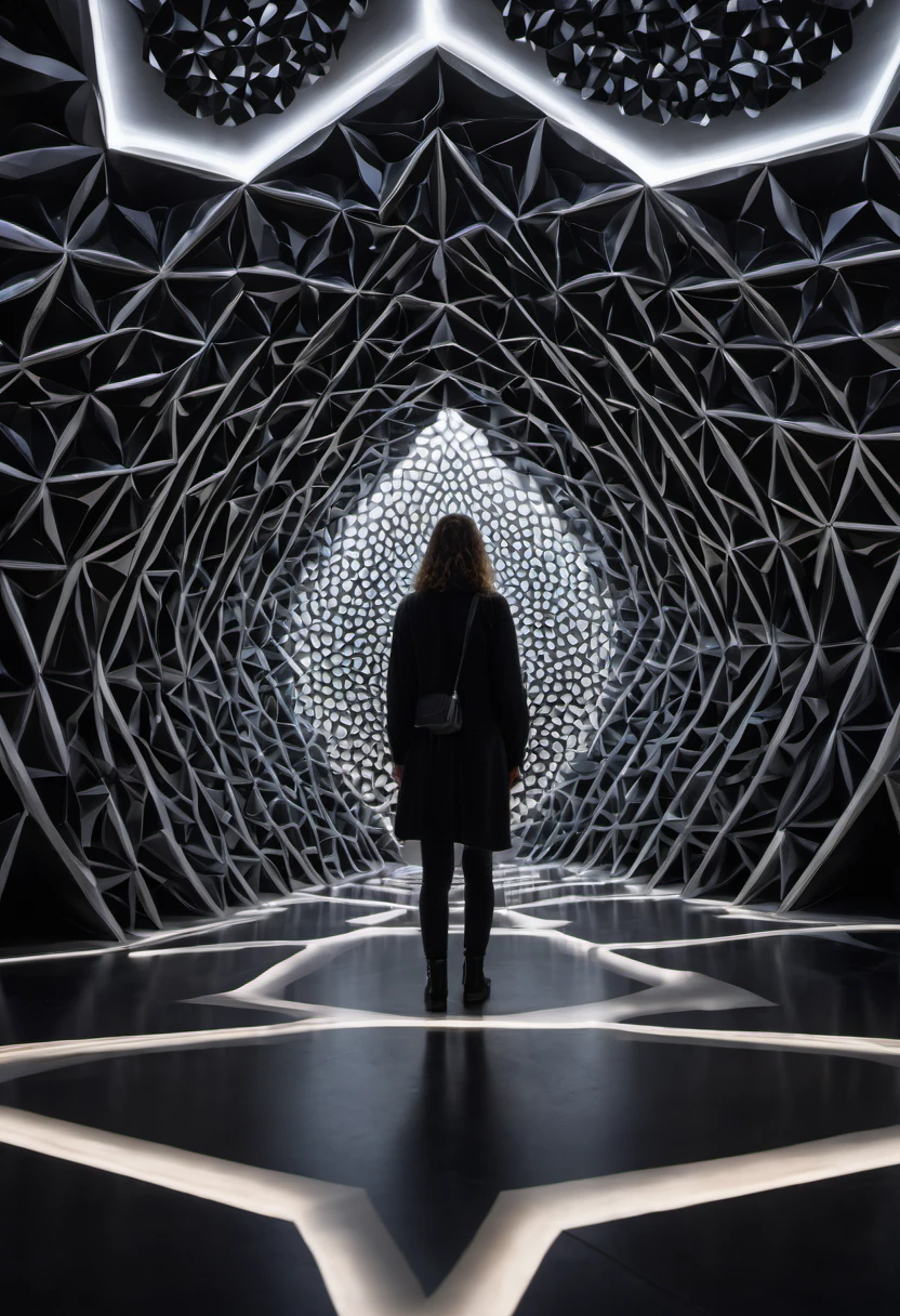minimalist, closeup, interior, sacred geometric installation, , Neri Oxman, strange anomalies, abstract, geometric architecture, , inflated biomimicry,, glowing, black museum interior, charcoal clothing blurry person walking, organic slime, realistic face, award winning perspective, raw snapshot, close up, rim lights, dirty lens, bio studies, clear details, texture high quality, full black Sacred GEOMETRIC background, full SACRED GEOMETRIC black museum installation,, no window, fujifilm provia 400x, massurrealism, luminous shadows, renaissance-inspired chiaroscuro, HDRI
