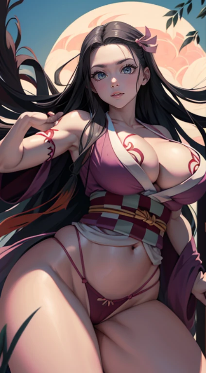 ultra realistic photo of Nezuko kamado goddess of beauty, 8k, UHD, hottie with ultra giant breasts, huge long breasts sticking out of her kimono, with long hair and a sexy pink Japanese kimono, she doesn't wear panties showing her , hair pubic bones showing, Nezuko with a piece of bamboo, (Nezuko, Nezuko-chan, Demon Slayer art style, kimetsu no yaiba), female anime character, (Nezuko, in her demon form, Huge breasts, giant long breasts, her breasts come out of her kimono, showing beautiful breasts), the length of her ultra-giant breasts goes all the way to her toned belly, she has leaf tattoos running down her sexy erotic body, Demon Slayer rui fanart, wielding kunai, Marin Kitagawa Fanart, art by clean and detailed anime, a very beautiful berserker woman, by Kamagurka, professional art, perfect detail, (Nezuko kamado in her demonic form based on the demon Slayer kimetsu no yaiba) nua Pornografia