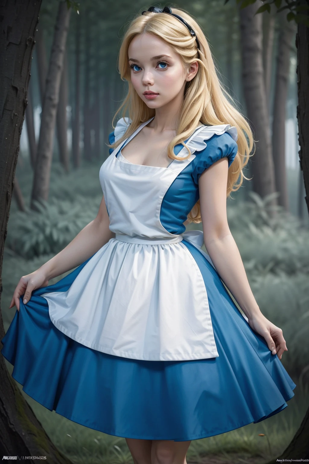 masterpiece, 1 woman, alone, Make her a blonde sexy Alice in Wonderland., Powder blue dress and white apron, white stockings, split, dynamic, ultra high definition, 32K, (complete anatomy:1.5), perfect legs, In the style of Artgerm and Adam Hughes, perfect arms, forest background