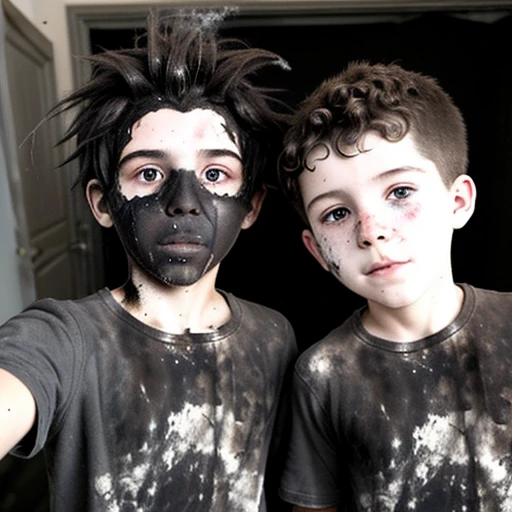 Selfie of two boys covered in soot and with their hair standing on end after being caught in an explosion