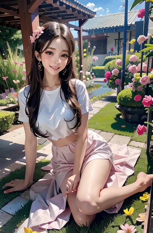 full body photo ,masterpiece: 1.2, highest quality, 1 girl, Plumeria field, lively, (Happy:1.4),colorful details,super detailed,detailed lighting,\(\(Inspired by Hayao Miyazaki\)\),official art, pink flowers, make flowers bloom, big smile