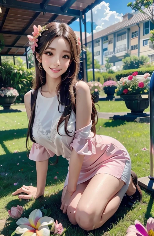 full body photo ,masterpiece: 1.2, highest quality, 1 girl, Plumeria field, lively, (Happy:1.4),colorful details,super detailed,detailed lighting,\(\(Inspired by Hayao Miyazaki\)\),official art, pink flowers, make flowers bloom, big smile