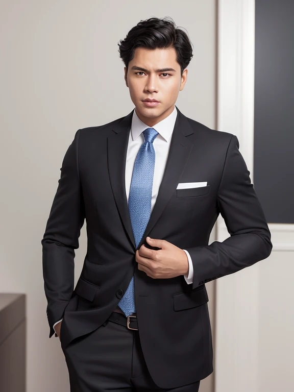 best quality, masterpiece, ultra high resolution, (lifelike:1.4), original photo, young handsome male, black hair, Looks like a businessman, wear a suit,