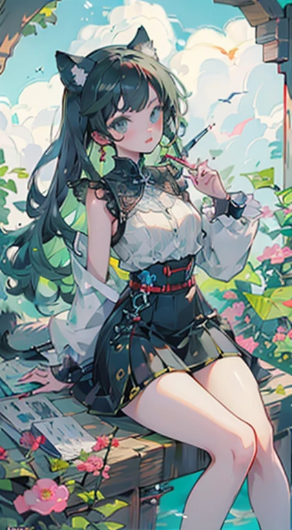 ((on the table, best quality: 1.1), ((Anime girl in blue skirt holding a magic wand)), Art Nouveau、Anime maid costume cat girl, , ((Green Hair))、long hair、((Shining jewel-like eyes with long transparent eyelashes))、Very Beautiful Anime catwoman, 动漫catwoman孩, ((White knee high shoes)), 迷人的catwoman孩, Inspired by Reiko Ikemura, Takano Aya color style, The art style of Queen of the Dragon King, catwoman, eager character, Guangjiangli、with a smile