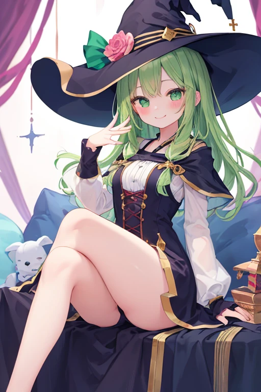 beautiful illustrations, highest quality, pretty girl,beautiful girl、clear face、 half girl、pastel colour 、smile、blush、にこやかなsmile、thighs、perfect hands、five fingers、witch、magic、fantasy、sitting、cross your legs、fantasy、green hair