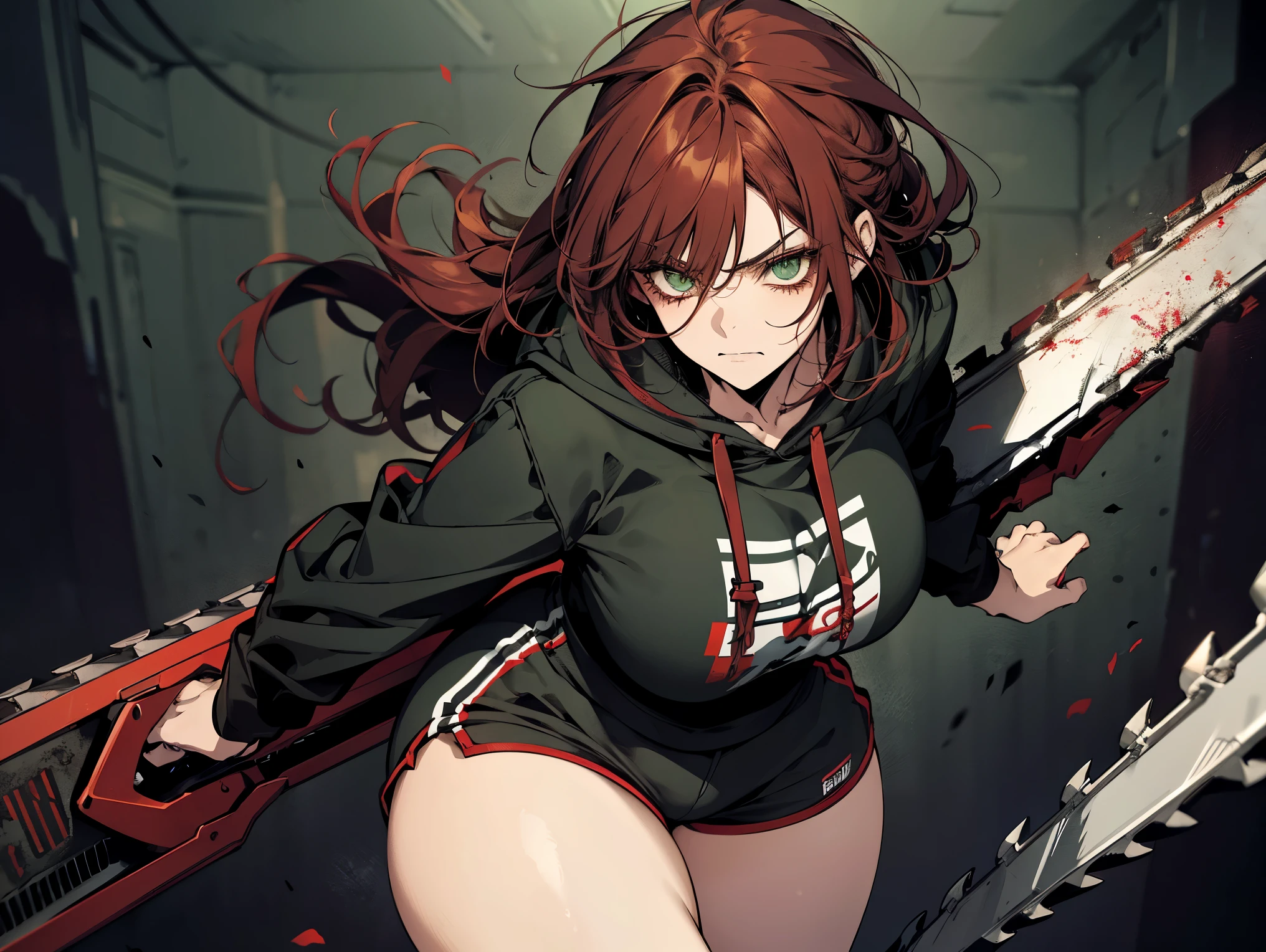 1 female, teacher, wearing a dark red and grey hoodie, bootyshorts, Thicc, dark red hair, long messy hair, light green eyes, face to detail, detailed eyes, the background is a dark room, angry, holding a black chainsaw