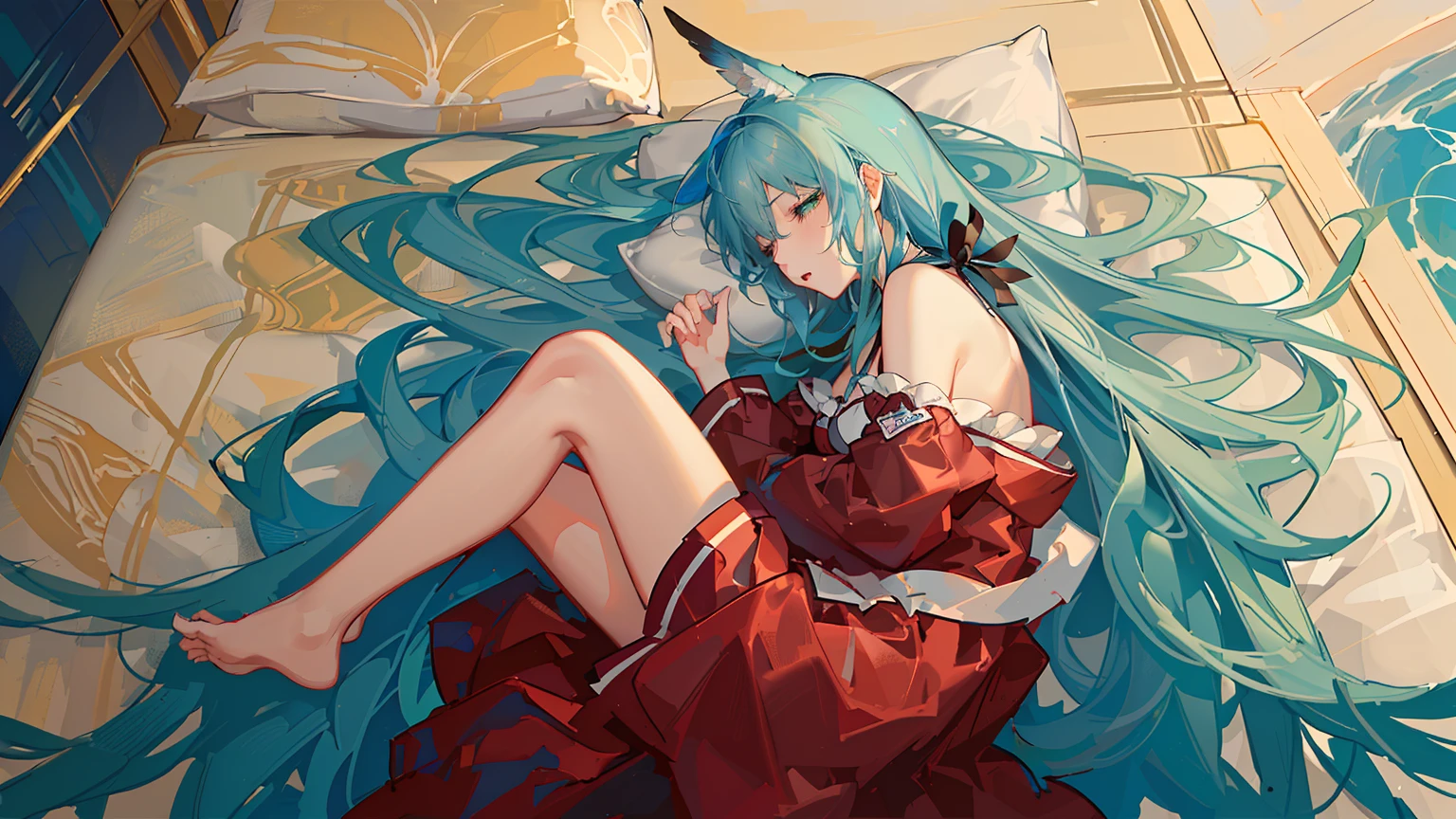 (masterpiece), (highest quality:1.4), (ultra high resolution:1.2), super detailed background, (unity 8k wallpaper),city pop、masterpiece, (anime girl alone:1.3), incredibly absurd, masterpiece、real、best quality、Beautiful girl in pajamas crawling into bed、Sleeping in profile, wrapped in a blanket、Style is clearly visible from the sheets、close her eyes、Outside the window, the sky is full of stars、.high school girl、profile、whole body、green hair