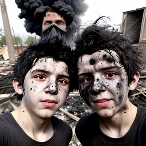 Selfie of two boys covered in soot and with their hair standing on end after being caught in an explosion