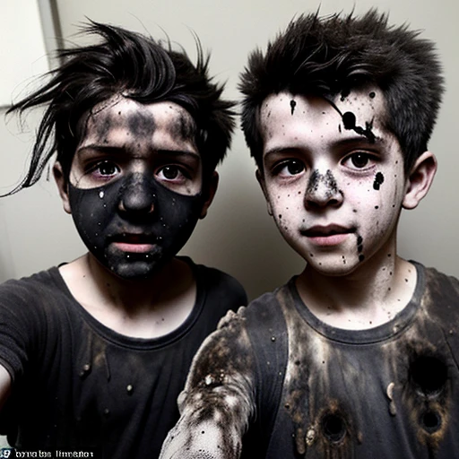 Selfie of two boys covered in soot and with their hair standing on end after being caught in an explosion