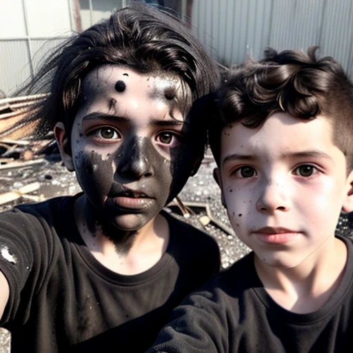 Selfie of two boys covered in soot and with their hair standing on end after being caught in an explosion