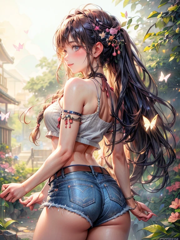 sideview, close up ass, (best quality,highres,masterpiece:1.2),ultra-detailed,(realistic,photo-realistic:1.37),cute girl,braid, bare shoulder, baggy crop top, denim shorts that shows off ass+belly,beautiful eyes,luscious lips,fashionable outfit,trendy hairstyle,dynamic pose,vibrant colors,airy garden setting,soft sunlight,delicate flowers,butterflies fluttering around,happy and playful expression,warm and inviting atmosphere,Japanese aesthetic,sweet and innocent charm,playful and mischievous personality,radiant smile.