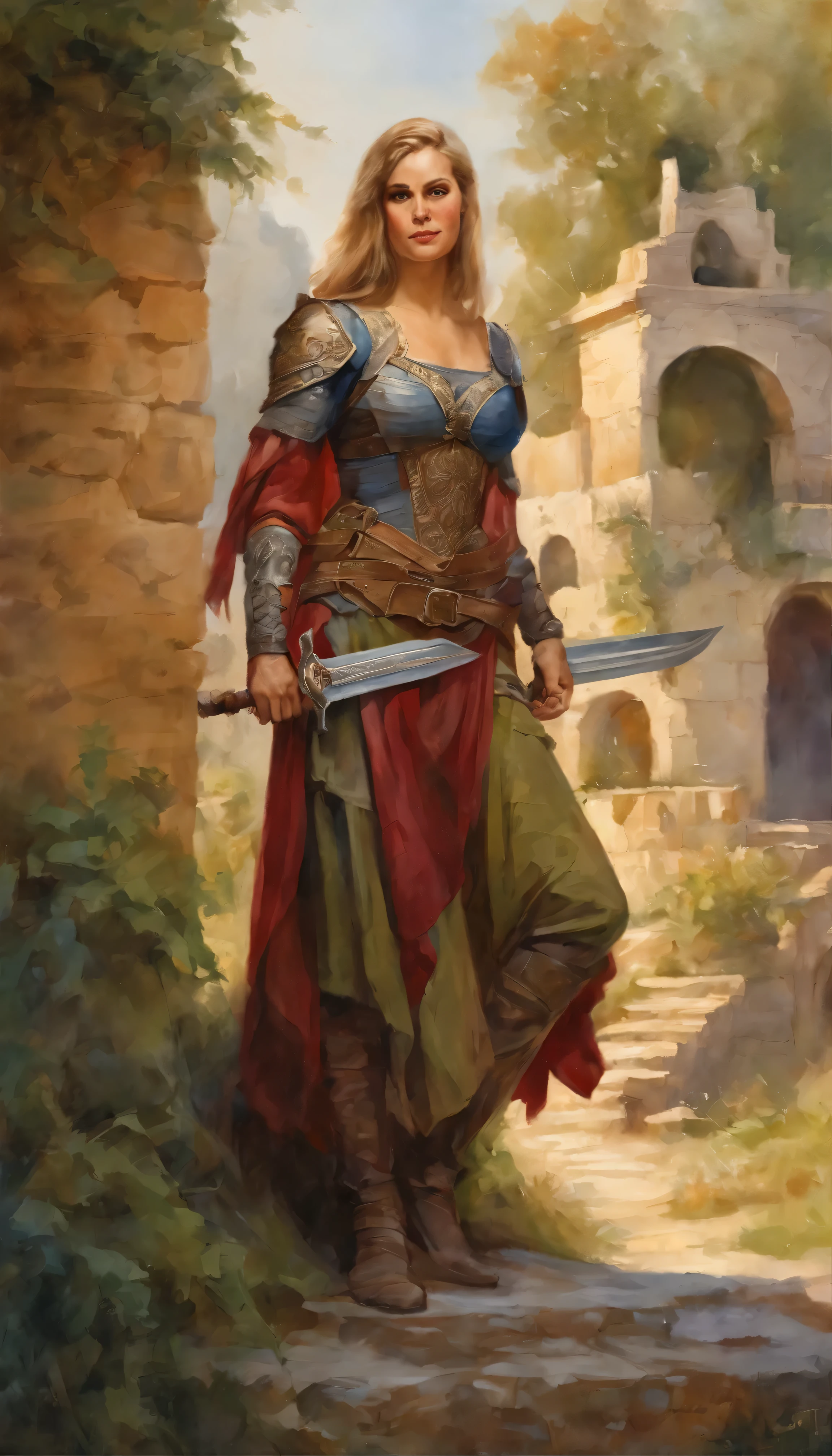 full body ,best quality, masterpiece, 1 girl, elf woman, detailed face, medieval clothes ,armored, swordsman,dynamic pose , full body ,art by greg rutkowski,
holding a sword, sword,scenery , village , roman architecture , vibrant colors ,vivid colors ,