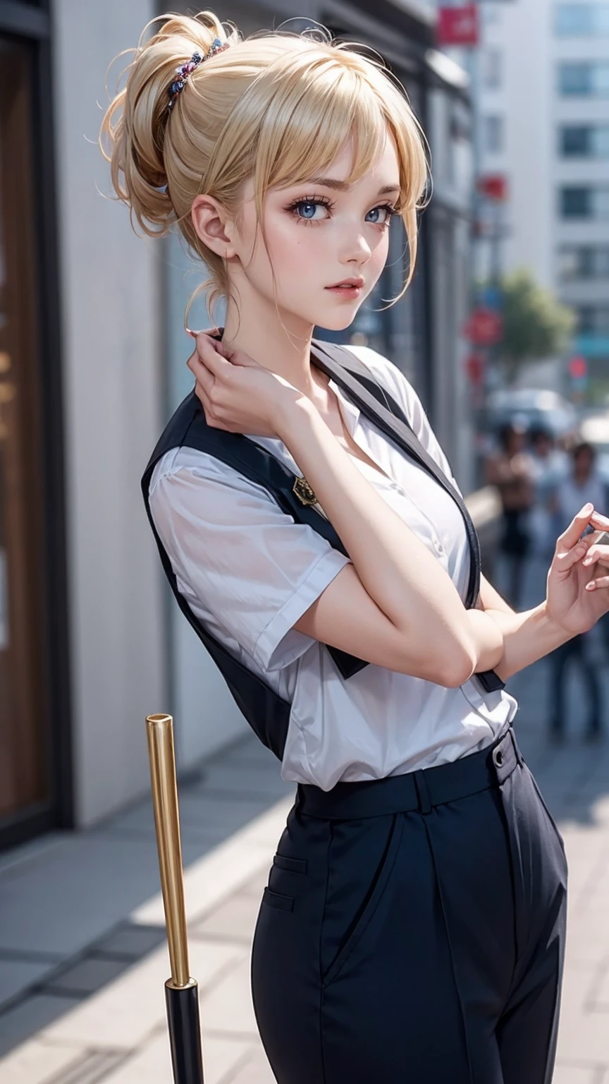 ((masterpiece)), ((highest quality)), ((High resolution)), 1 girl, alone, police officer, (matching pants, slacks), urban background, Have a baton、Wear a tactics vest、Are standing, put your hands on your hipedium hair, (platinum blonde, Side-swept chignon), (blue eyes),