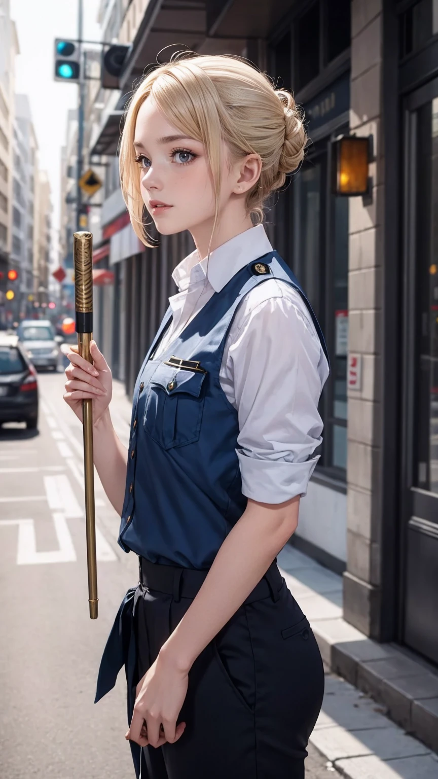 ((masterpiece)), ((highest quality)), ((High resolution)), 1 girl, alone, police officer, (matching pants, slacks), urban background, Have a baton、Wear a tactics vest、Are standing, put your hands on your hipedium hair, (platinum blonde, Side-swept chignon), (blue eyes),