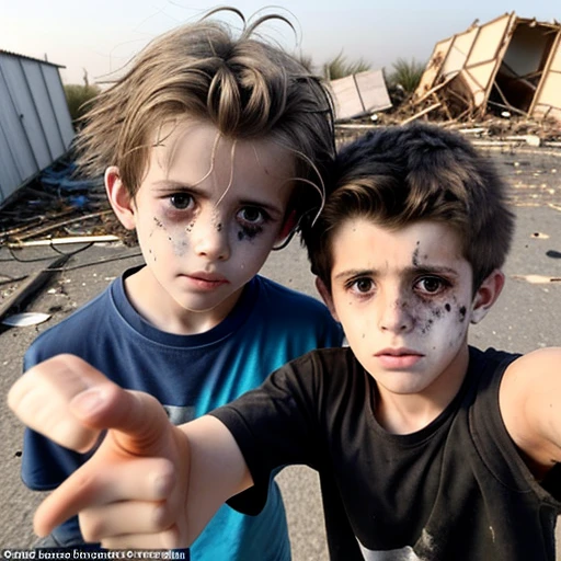 Selfie of two boys with battered hair and standing on end after being caught in an explosion