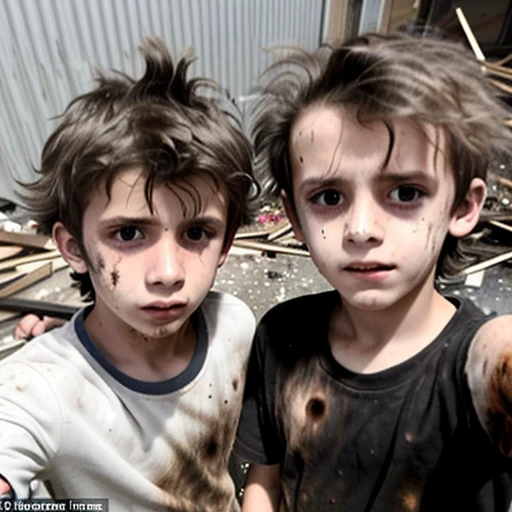 Selfie of two boys with battered hair and standing on end after being caught in an explosion