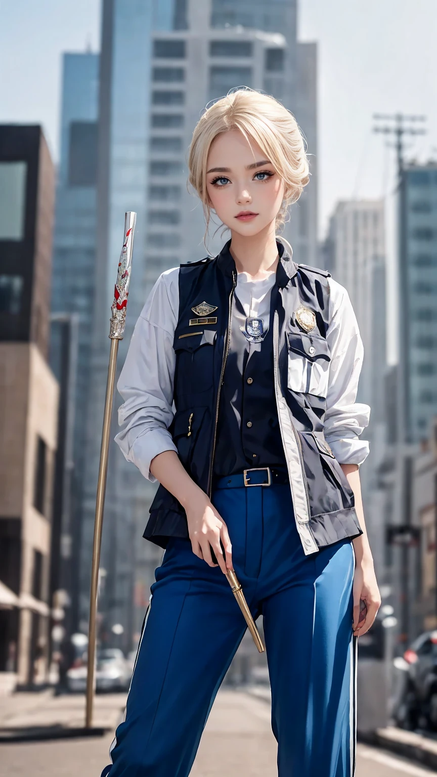 ((masterpiece)), ((highest quality)), ((High resolution)), 1 girl, alone, police officer, (matching pants, slacks), urban background, Have a baton、Wear a tactics vest、Are standing, put your hands on your hipedium hair, (platinum blonde, Side-swept chignon), (blue eyes),