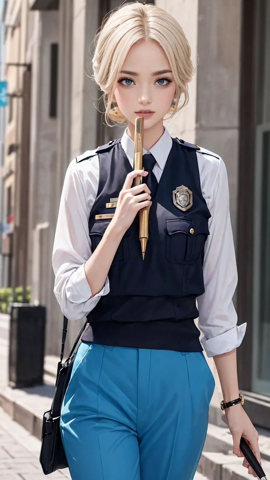 Красивая девушка 🧍‍♀️, blonde, short hair, Sunglasses, police uniform, token, stripe, handcuffs, Holster on the belt, revolver in hand, photorealism, evening