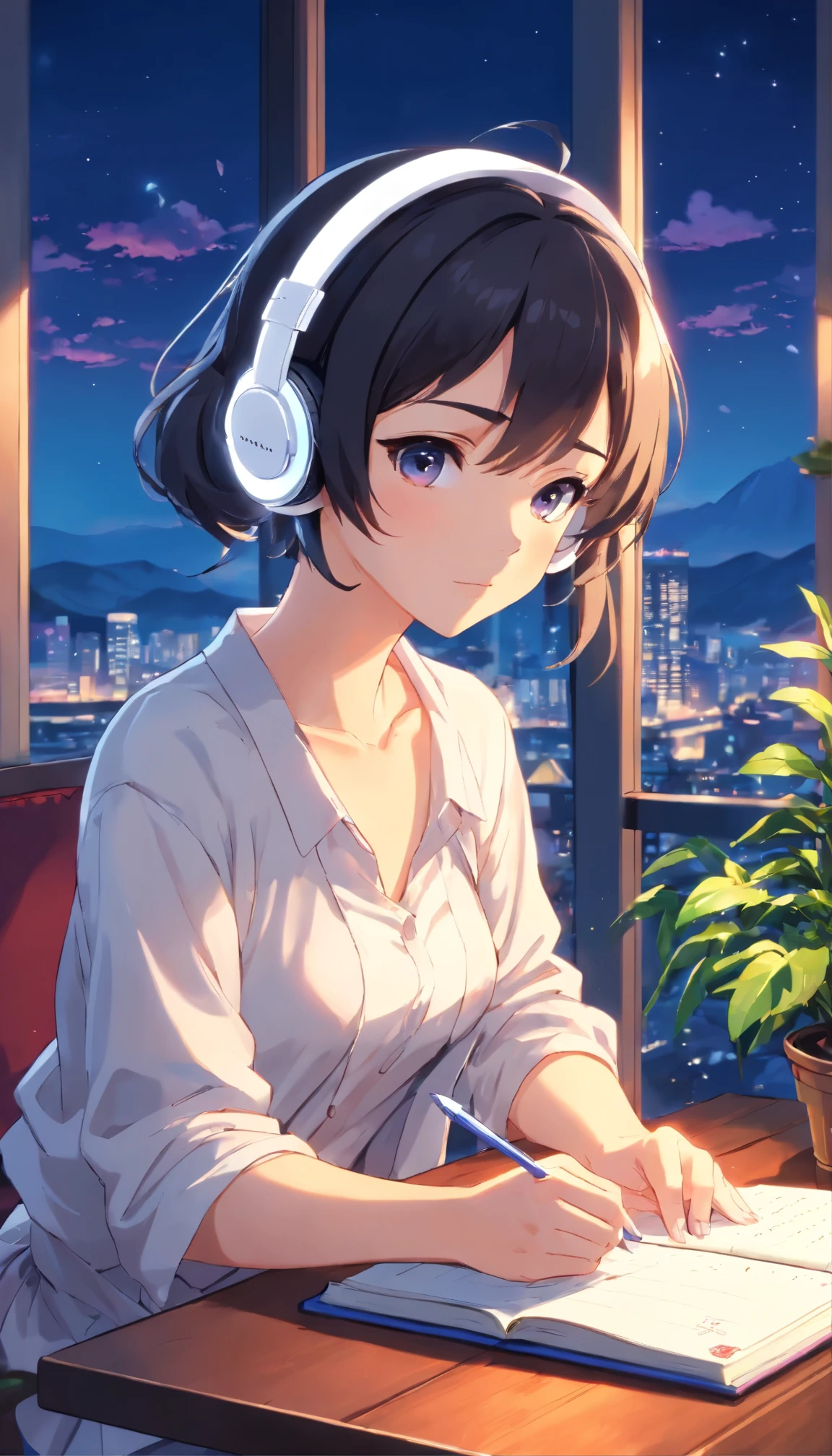 Anime girl, (wearing white headphones:1.4), sitting on a chair, (writing a diary:1.4), holding a pen in her right hand, short ponytail, black hair, 24 years old, wearing a white fitted and cropped camisole that exposes her midriff and reveals her shoulders and cleavage, (Exposed cleavage:1.3), big breasts G-cup, (revealing skin:1.5), lofi girl anime vibes, lofi artstyle, anime style 4k, anime aesthetic, nightcore, lofi feel, lofi art, anime art wallpaper 4k, anime wallpaper 4k, lofi vibes, plants in the room, another hand grabs her cleavage, a lighted candle on the table, Tokyo view, city view, with a view of a large caldera, sunrise, anime style, cinematic lighting, Sony FE GM, masterpiece, best quality, 4K