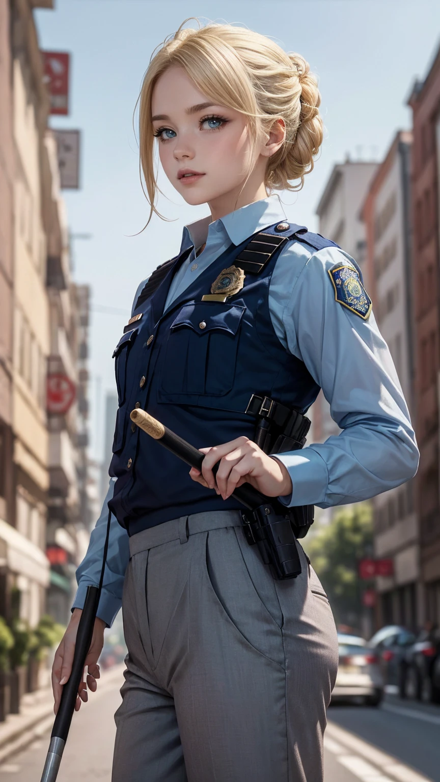 ((masterpiece)), ((highest quality)), ((High resolution)), 1 girl, alone, police officer, (matching pants, slacks), urban background, Have a baton、Wear a tactics vest、Are standing, put your hands on your hipedium hair, (platinum blonde, Side-swept chignon), (blue eyes),