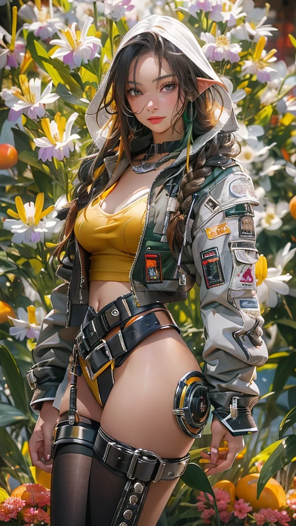 ((Create one girl 16+ years old.), (realistic), (masterpiece, Best quality), (1 elf), (1 girl), (sexy), (One, bangs, red dyed hair) (White armor cyber skulls), (long black tights with gloves)).((close-up), (standing at full height), (mysterious))_((Girl), (green:1.5, orange:1.1, white: 1.3, yellow:1.3))_((very sexy girl with dreadlocks), (tattoos), (naked parts of the body), (down jacket: 1.2), (jacket on a naked body, T-shirt, thong))_((Beautiful figure, half-turn 16+ years),(realistic)), ((small peach breasts, graceful figure, narrow waist, smooth hips)), ((long double braids),(tight braids),(braided hair), (dark hair)), ((red lips)), ((smile))_((Shiny skin:1.5, white skin, light skin: 1.5)), ((sexy), (cute ))_((fractals, Flowers, leaves, fog, lilies, circles background))_((Chiaroscuro, contrast, warm-cold), (atmosphere visualization), (best quality), (Virtual realism))_((Digital painting, anime style, cyberpunk), (best quality, 4k, high resolution, masterpiece: 1.2)), ((ultra-detailed)), ((realistic, photorealistic, photorealistic: 1.37))_((Soft clear shapes, broad strokes, attention to detail))_((High quality, 16K | Ultra HD | Full HD)).