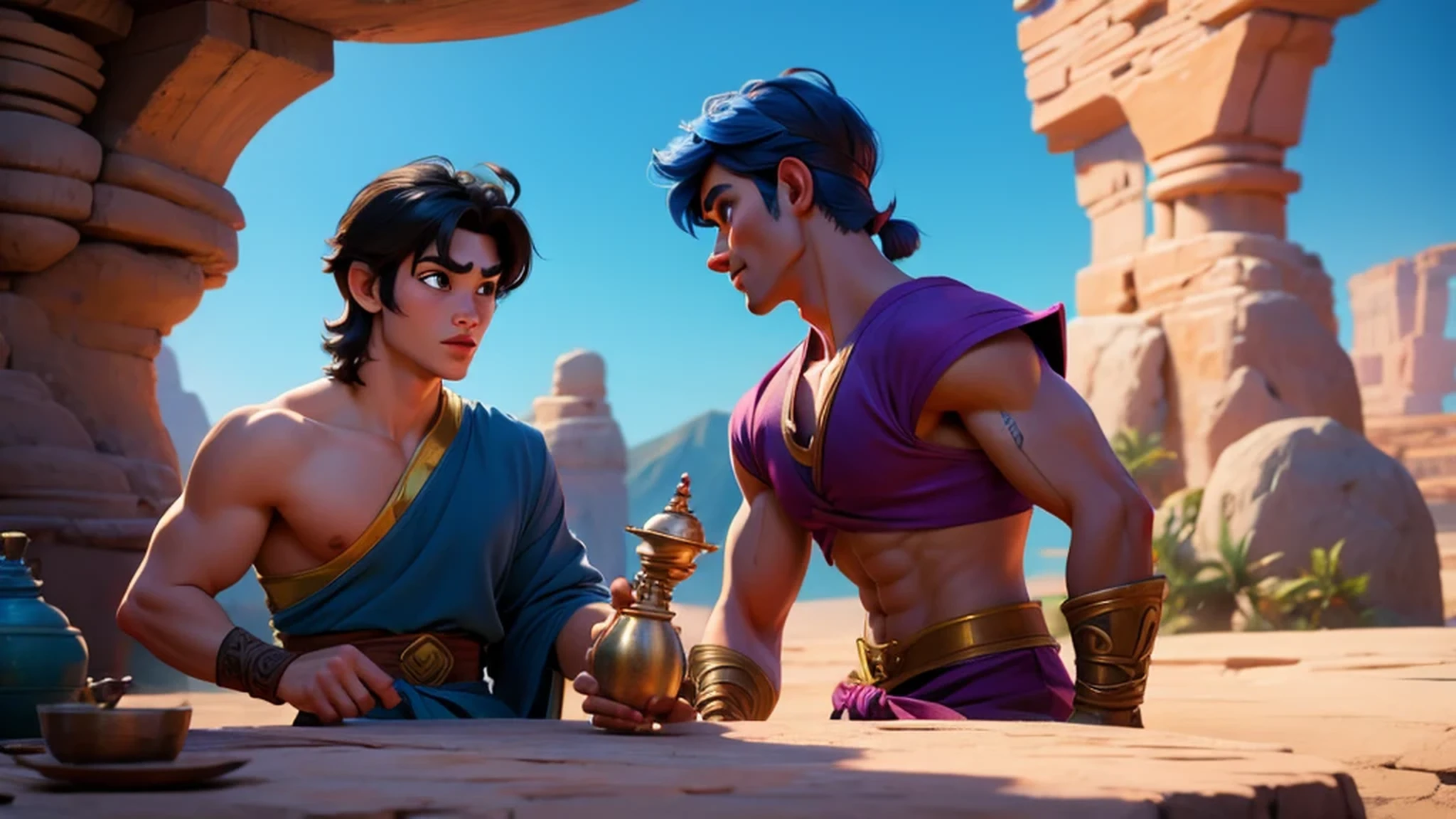 Aladdin and his friends, the Genie and the magic carpet, devising a plan to stop Jafar.