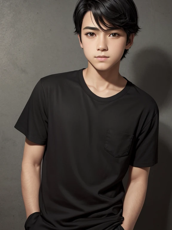 (realistic: 1.37), regular boy, black hair, 12 years old, shirt 