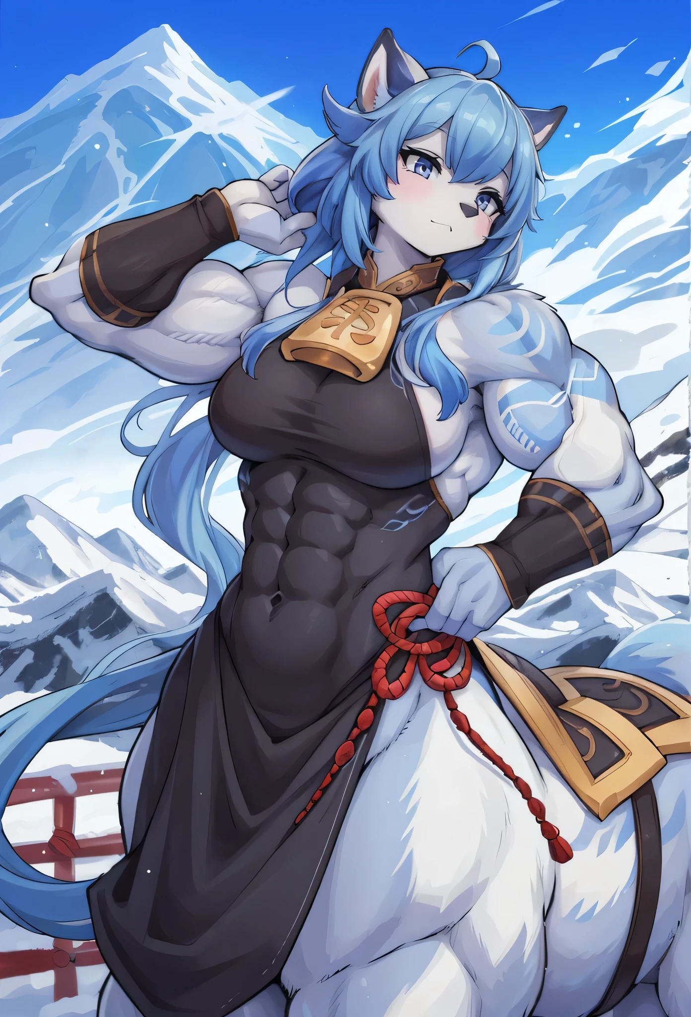 ,muscular female,girl,mountain,blue hair, alternate muscle size,, ganyu (genshin impact),fur,furry,centaur,covered abs