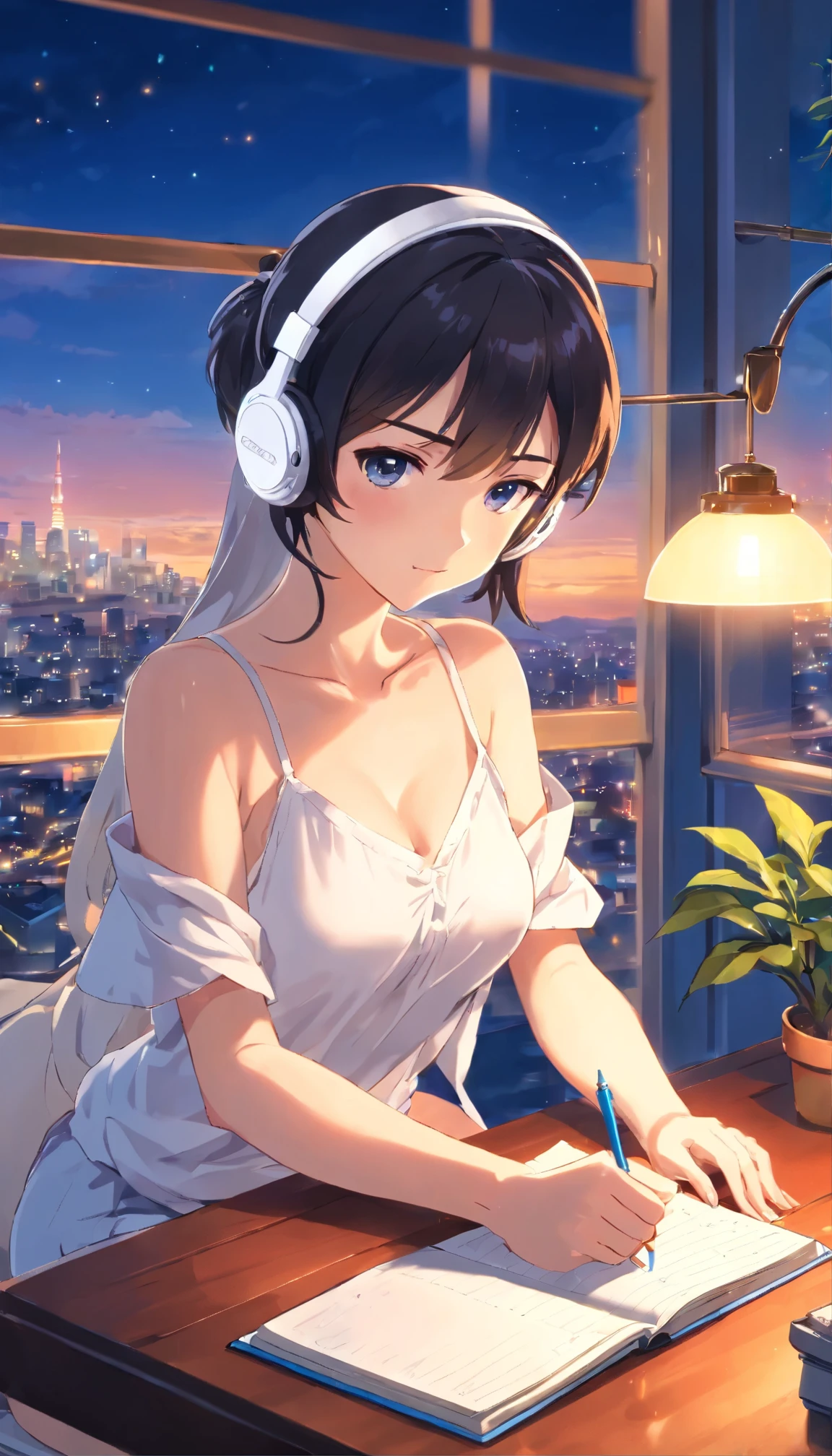 Anime girl, (wearing white headphones:1.4), sitting on a chair, (writing a diary:1.4), holding a pen in her right hand, short ponytail, black hair, 24 years old, wearing a white fitted and cropped camisole that exposes her midriff and reveals her shoulders and cleavage, (Exposed cleavage:1.2), big breasts G-cup, (revealing skin:1.5), lofi girl anime vibes, lofi artstyle, anime style 4k, anime aesthetic, nightcore, lofi feel, lofi art, anime art wallpaper 4k, anime wallpaper 4k, lofi vibes, plants in the room, another hand grabs her cleavage, a lighted candle on the table, Tokyo view, city view, with a view of a large caldera, sunrise, anime style, cinematic lighting, Sony FE GM, masterpiece, best quality, 4K