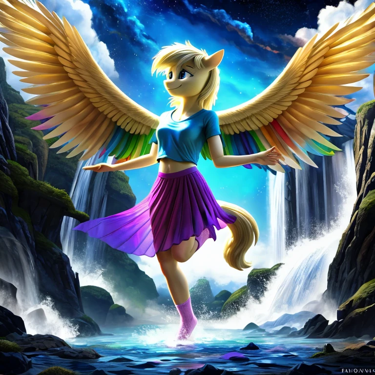 Derpy Hooves, Muffins, my little pony, human body, 2 hands, 2 legs, female, long fur, facing towards you, colorful socks, wearing a t-shirt and transparent skirt, spread wings, fluffy feathers, smiling, flying through A cascading waterfall that flows in all colors of the rainbow, surrounded by clouds and floating islands, hyper-detail, 3d illustration, high contrast, masterpiece, hyper-realism, best quality, fantasy art, magnificent, celestial, epic, majestic, magical