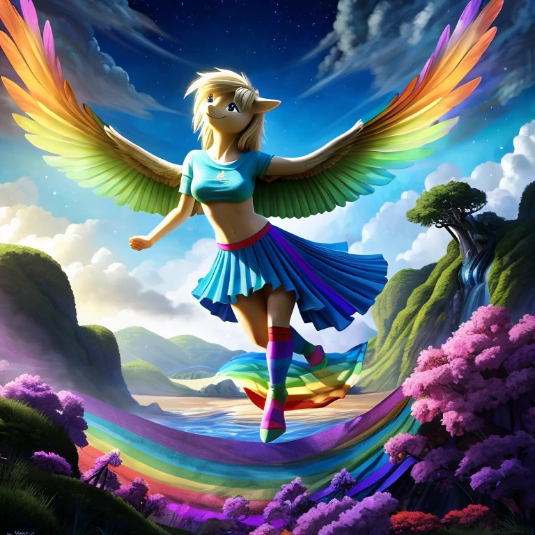 Derpy Hooves, Muffins, my little pony, human body, 2 hands, 2 legs, female, long fur, facing towards you, colorful socks, wearing a t-shirt and transparent skirt, spread wings, fluffy feathers, smiling, flying through A cascading waterfall that flows in all colors of the rainbow, surrounded by clouds and floating islands, hyper-detail, 3d illustration, high contrast, masterpiece, hyper-realism, best quality, fantasy art, magnificent, celestial, epic, majestic, magical 