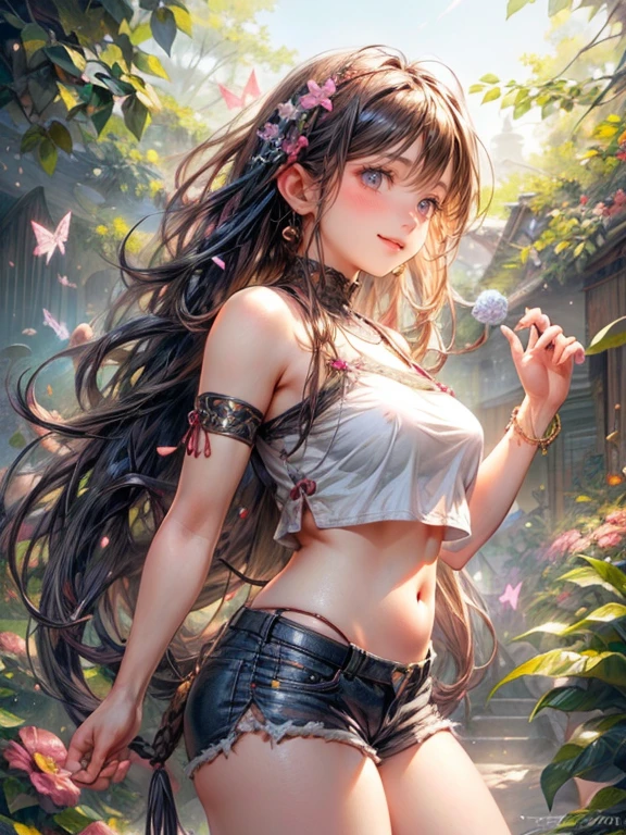 sideview, close up ass, (best quality,highres,masterpiece:1.2),ultra-detailed,(realistic,photo-realistic:1.37),cute girl,baggy crop top, denim shorts that shows off ass,beautiful eyes,luscious lips,fashionable outfit,trendy hairstyle,dynamic pose,vibrant colors,airy garden setting,soft sunlight,delicate flowers,butterflies fluttering around,happy and playful expression,warm and inviting atmosphere,Japanese aesthetic,sweet and innocent charm,playful and mischievous personality,radiant smile.
