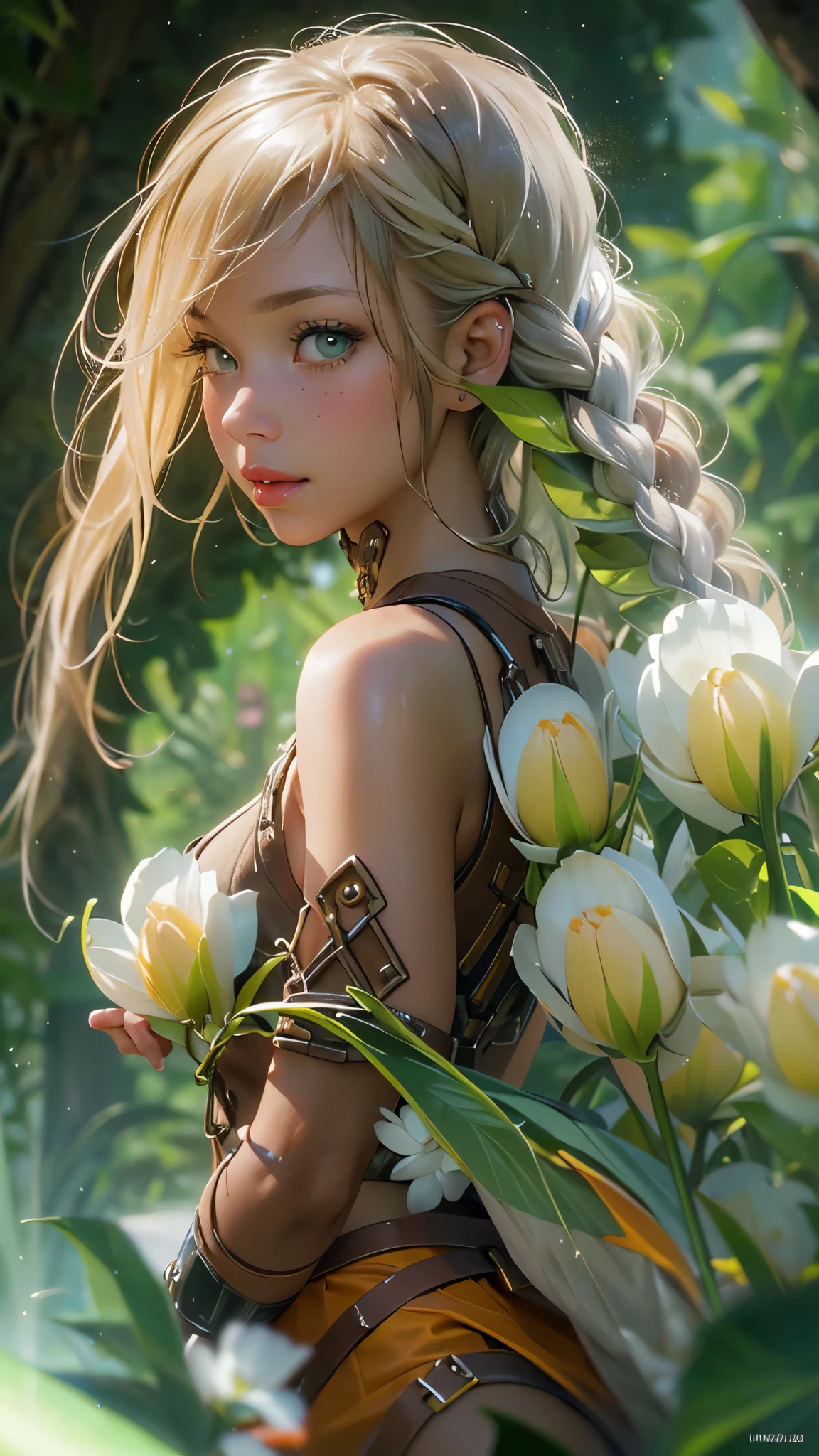 ((Create one girl 16+ years old.), (realistic), (masterpiece, Best quality), (1 elf), (1 girl), (sexy), (One, bangs, red dyed hair) (White armor cyber skulls), (long black tights with gloves)).((close-up), (standing at full height), (mysterious))_((Girl), (green:1.5, orange:1.1, white: 1.3, yellow:1.3))_((very sexy girl with dreadlocks), (tattoos), (naked parts of the body), (down jacket: 1.2), (jacket on a naked body, T-shirt, thong))_((Beautiful figure, half-turn 16+ years),(realistic)), ((small peach breasts, graceful figure, narrow waist, smooth hips)), ((long double braids),(tight braids),(braided hair), (dark hair)), ((red lips)), ((smile))_((Shiny skin:1.5, white skin, light skin: 1.5)), ((sexy), (cute ))_((fractals, Flowers, leaves, fog, lilies, circles background))_((Chiaroscuro, contrast, warm-cold), (atmosphere visualization), (best quality), (Virtual realism))_((Digital painting, anime style, cyberpunk), (best quality, 4k, high resolution, masterpiece: 1.2)), ((ultra-detailed)), ((realistic, photorealistic, photorealistic: 1.37))_((Soft clear shapes, broad strokes, attention to detail))_((High quality, 16K | Ultra HD | Full HD)).