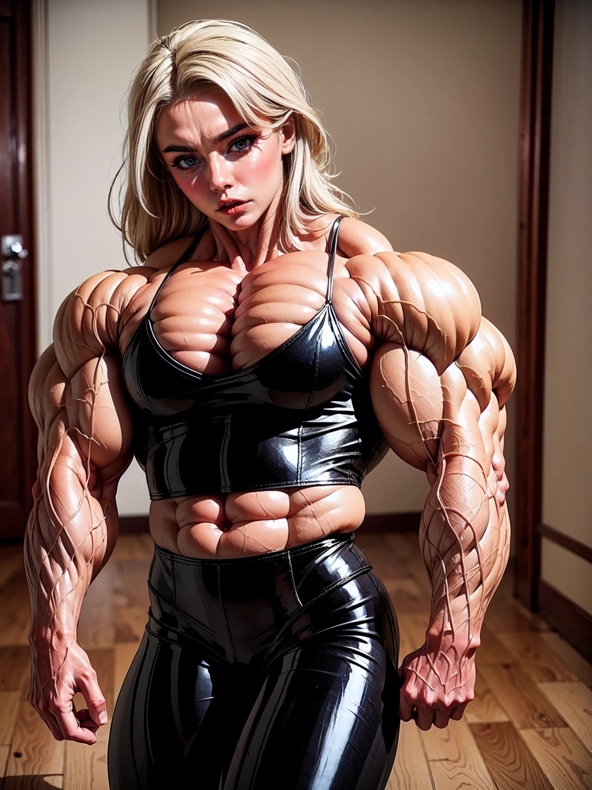 (Muscular:2.2), (caucasian woman, blue eyes, black hair:1.5), (25 years old:1.5), (single long braid:1.5), earrings, eyeshadow, lipstick, (upper body view:1.5), (muscular striations), (long nipples:1.2), (larege bulging pecs:2.5), (naked, nude, bracelet, choker:2), (eight pack abs:1), (sculpted muscles:1.7), (athletic body:1.5), (muscular body:2), (looking at viewer), (big smile:1.7), detailed eyes, dark bedroom, rim lighting, two tone lighting, dimly lit, clean skin, low key (DETAILED SKIN), (round ass), (underboob)