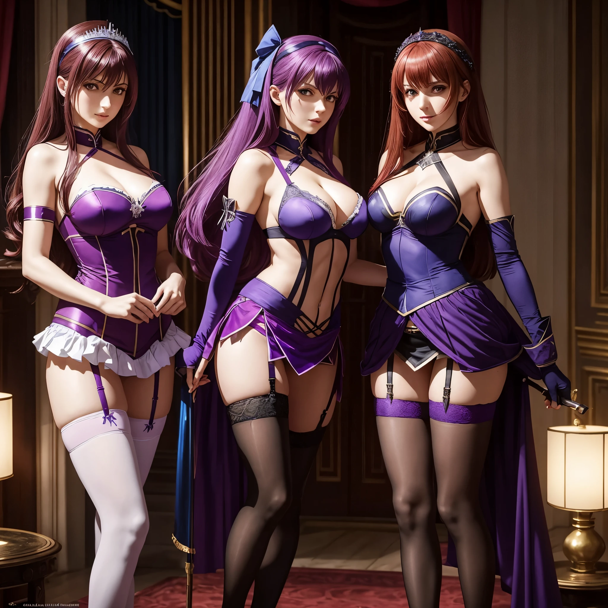 Photorealistic, 2 girls: [Scathach and Saber from FGO, Fate Grand Order, both girls wearing maid cosplay (Scathach wears purple, Saber wears blue or red), stockings and tights, garter belt, short skirt, high heels, long gloves, long hair, vivid lipstick], photo from head to toes, full body shot, seductive pose, inside the palace bedroom