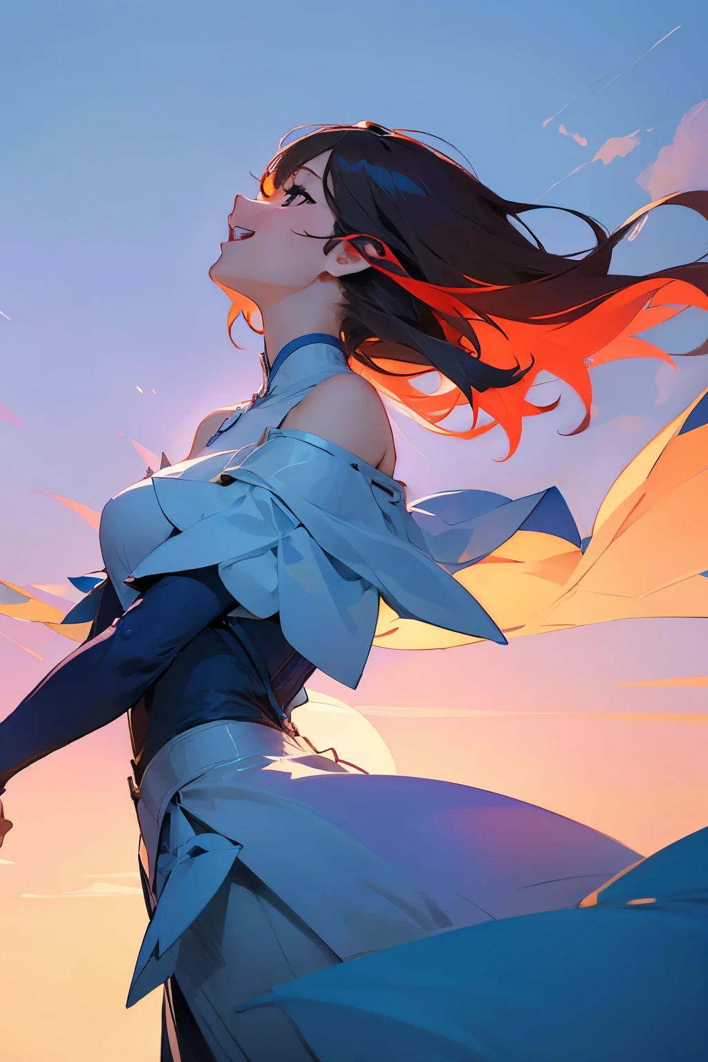 woman、laughing、profile、looking up、Angle of view from the shoulders up、sky