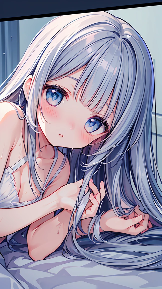1 girl, (((wet))), white room, indoor, (, warm, ((sweat)), (((sleeping, lay down))), close eyes, blush, white bikini,parted lips, breathe, (from below)), (low angle view:1.3), cinematic lighting,relaxing,white micro-bikini, beautiful longer thighs, detailed hair, (beautiful big round eyes), (ultra-intricate pupil in eyes, shiny eyes), long eyelashes, double eyelids, parted lips, kawaii, cute, ( flat chest), slender, (ultra delicate and beautiful skin), insanely detailed clothes, perfect anatomy, dynamic angle, (masterpiece, best quality), (ultra-detailed 8K), (perfect design), absurdres, highres, ((blush)), (super fine illustration), ((light blue long hair))), , long hair ((blush)), masterpiece, best quality, (amazing, beautiful detailed eyes, blunt bangs), high resolution, cute face, masterpiece, best quality, extremely detailed, anime, beautiful girl, bright hair, wind, solo, depth of field, masterpiece, best quality, extremely detailed, (PHOTO BACKGROUND: 1.3), SMALL BREASTS,depth of field, bokeh,